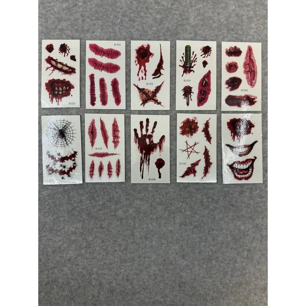 10 Sheet Halloween Temporary Tattoo Stickers Fake Blood Wound Scar Costume Props
